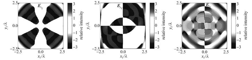Figure 7. The phase distribution of the polarization components of the focusing field corresponding to EIGV (e441, o423) at the incident waist position zi=0